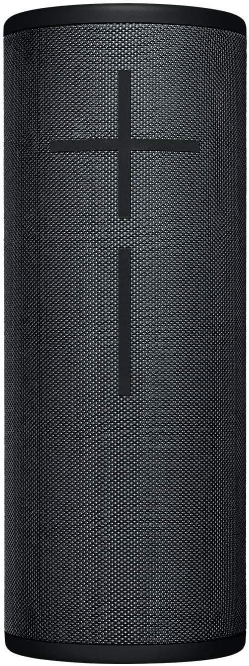 A black cylindrical wireless speaker with a textured surface, featuring a large plus and minus button on the front for volume control.