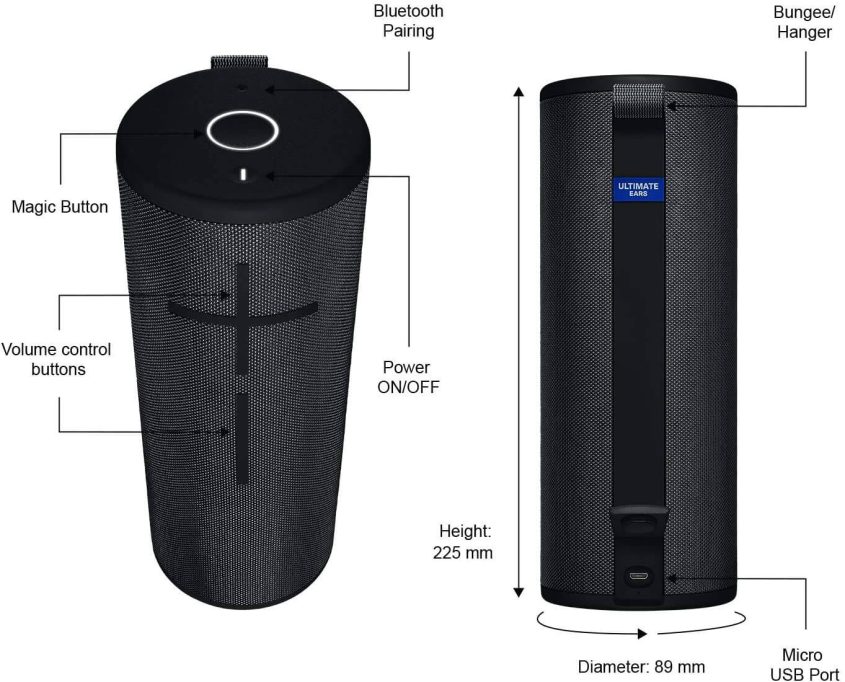 Diagram of a cylindrical wireless speaker showing labeled features: magic button, volume controls, Bluetooth pairing, power on/off, micro USB port, bungee/hanger, 225 mm height, and 89 mm diameter.