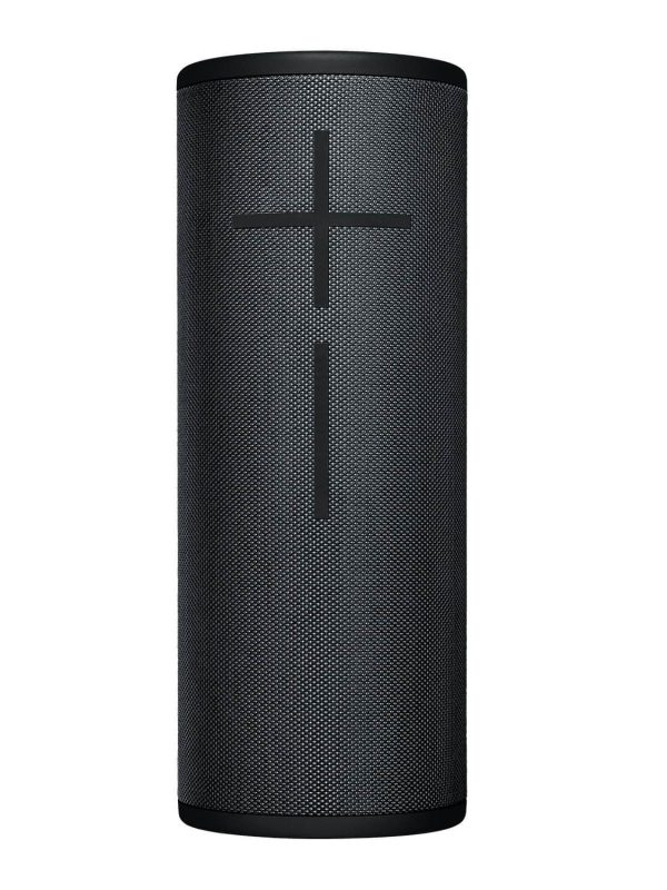 A black cylindrical portable Bluetooth speaker with a mesh surface, featuring large plus and minus buttons for volume control on the front.