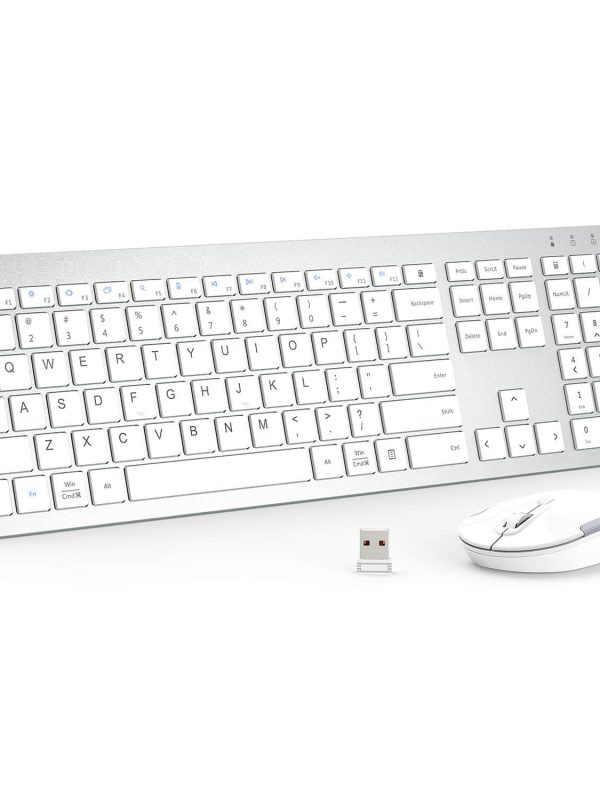 A slim white wireless keyboard with a numeric keypad, accompanied by a white wireless mouse and a small USB receiver, displayed on a white background.