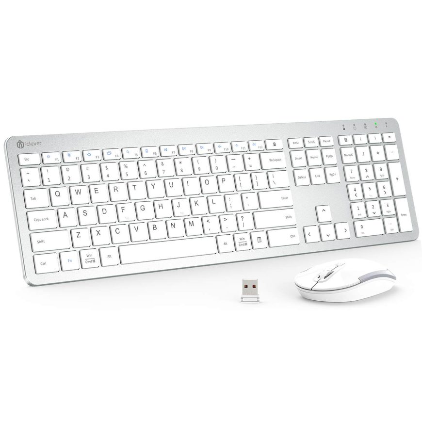 A slim white wireless keyboard with a numeric keypad, accompanied by a white wireless mouse and a small USB receiver, displayed on a white background.