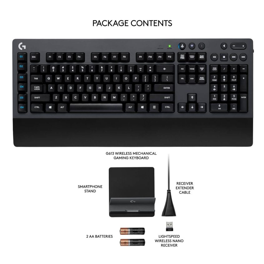 Top: Logitech G613 wireless mechanical gaming keyboard. Bottom: smartphone stand, 2 AA batteries, lightspeed wireless nano receiver, receiver extender cable. Text reads: “Package Contents.”.