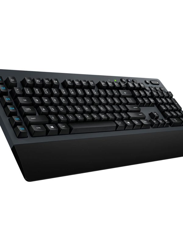 A black computer keyboard with a built-in wrist rest shown from a side angle. The keyboard has standard keys, additional function buttons, and a sleek, modern design.