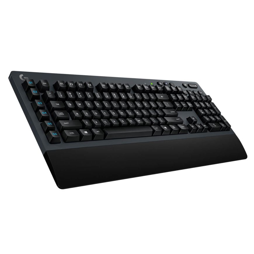 A black computer keyboard with a built-in wrist rest shown from a side angle. The keyboard has standard keys, additional function buttons, and a sleek, modern design.