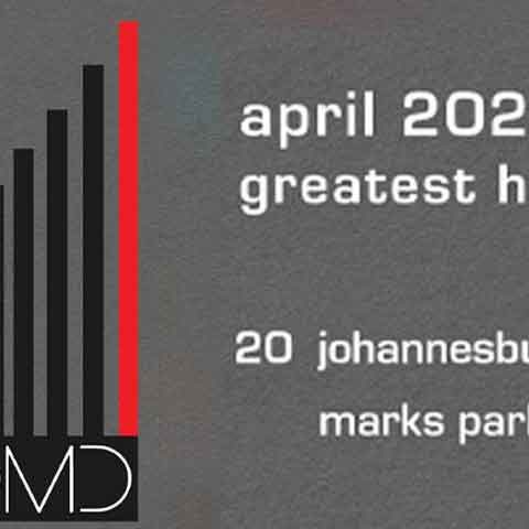 Promotional graphic for OMD’s “Greatest Hits” concert in Johannesburg at Marks Park on April 20, 2024, featuring a minimalist bar design and the iconic OMD band logo.
