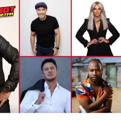 A collage features Kaptein and seven others—men and women posing confidently, some smiling. Logos for HOT 102.7 FM and Montecasino appear with the text “KAPTEIN & VRIENDE.” The background is mostly white and red.