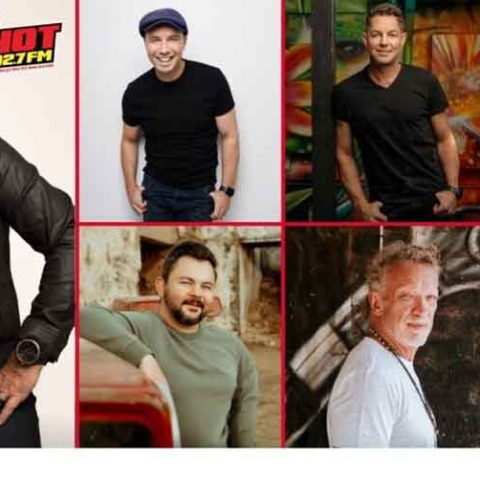 A collage of seven people, including men and a woman, posing individually in casual or stylish clothes. Logos for Hot 102 FM and Montecasino appear in the corners, with “Kaptein & Vriende” at the bottom left celebrating Kaptein.