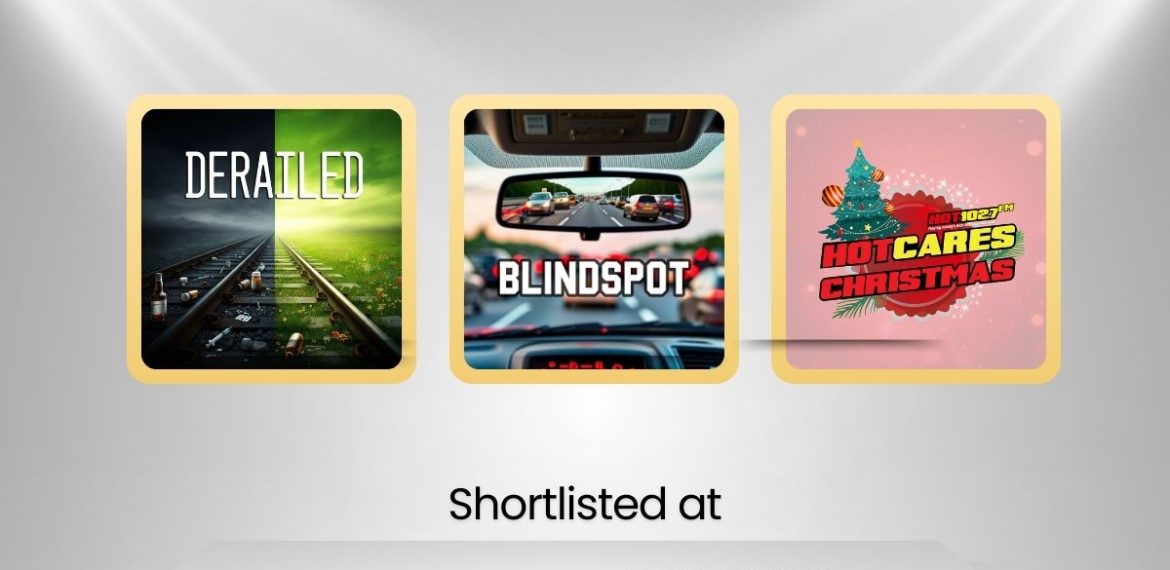 A graphic for HOT 102.7 FM features show covers for Derailed, Blindspot, and Hot Cares Christmas, highlighting that they are shortlisted at the New York Festivals Radio, TV & Film Awards.