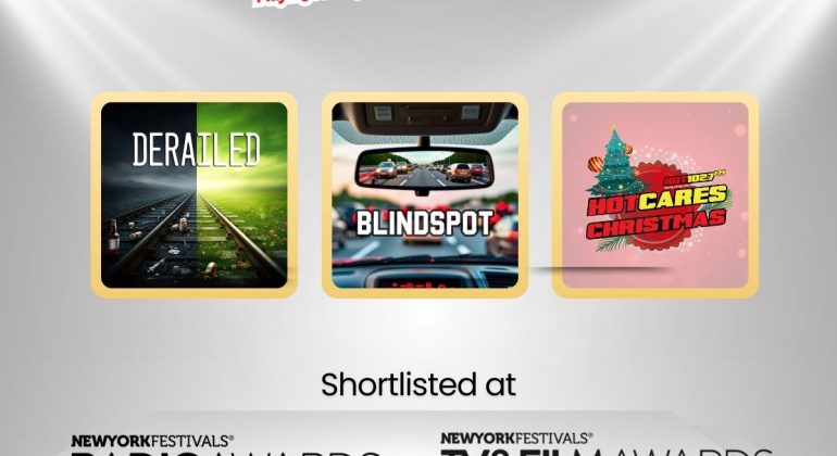 A graphic for HOT 102.7 FM features show covers for Derailed, Blindspot, and Hot Cares Christmas, highlighting that they are shortlisted at the New York Festivals Radio, TV & Film Awards.