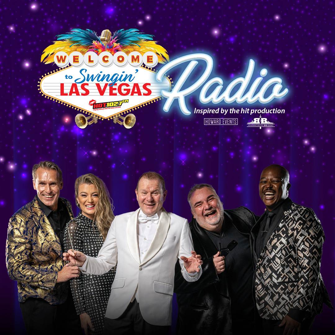 Five smiling performers in glamorous attire stand under a bright Welcome to Swingin Las Vegas Sting Radio sign, against a purple, starry background. The festive, lively mood suggests a vibrant music or entertainment event.