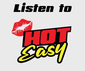 Text graphic reading Listen to HOT Easy with a red lipstick kiss mark above the word HOT. HOT is in bold red letters; Easy is in yellow script below it.