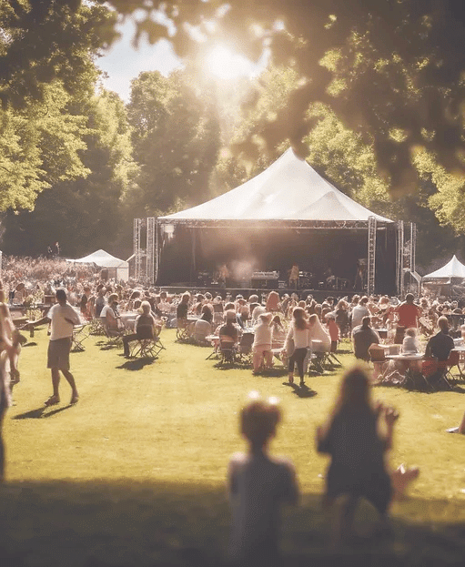 A large crowd sits on grass and folding chairs facing an outdoor stage at a sunny music festival in Linbro Park, surrounded by trees and dappled sunlight.
