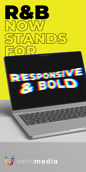 A laptop with colorful, distorted text RESPONSIVE & BOLD on its screen sits below bold black text reading R&B now stands for on a yellow background, with the Vetromedia logo at the bottom.