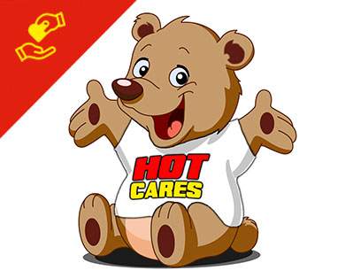 Cartoon bear sitting with arms open, smiling, wearing a white shirt that says HOT CARES in red and yellow. Red corner banner shows a yellow hand holding a heart. White background.