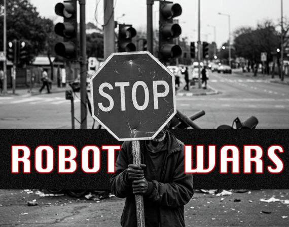 A person holds a stop sign in front of their face on a city street, with the bold text ROBOT WARS overlaid across the image. Traffic lights and cars appear in the blurred background.