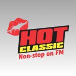 Logo with a red lip print, bold red text reading HOT, yellow text reading CLASSIC, and Non-stop on FM in red below—all set against a gray-to-white gradient background for a truly non stop radio vibe.