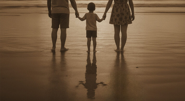 A sepia-toned photo shows two adults and a child holding hands, standing barefoot on wet sand at the beach, symbolizing child protection as they face the ocean. Their reflections shimmer on the sand while waves approach in the background.
