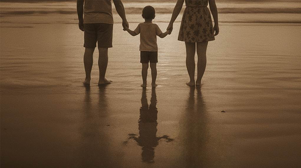 A sepia-toned photo shows two adults and a child holding hands, standing barefoot on wet sand at the beach, symbolizing child protection as they face the ocean. Their reflections shimmer on the sand while waves approach in the background.