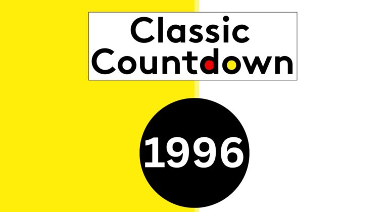 A vibrant graphic with a yellow and white background, featuring Classic Countdown in bold black text, and “1996” in white inside a large black circle. The o in Countdown is playfully colored red and yellow for a classic touch.