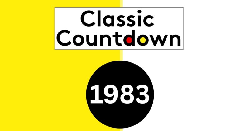A split yellow and white background with a black circle containing 1983. Above it, the words Classic Countdown appear in black text, with d in red, o in yellow, and w in black.