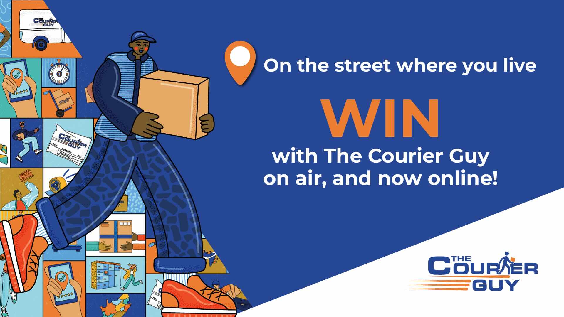 An illustrated courier in blue and orange walks with a parcel. Text reads: On the street where you live. WIN with The Courier Guy on air, and now online! The Courier Guy logo appears in the bottom right corner.