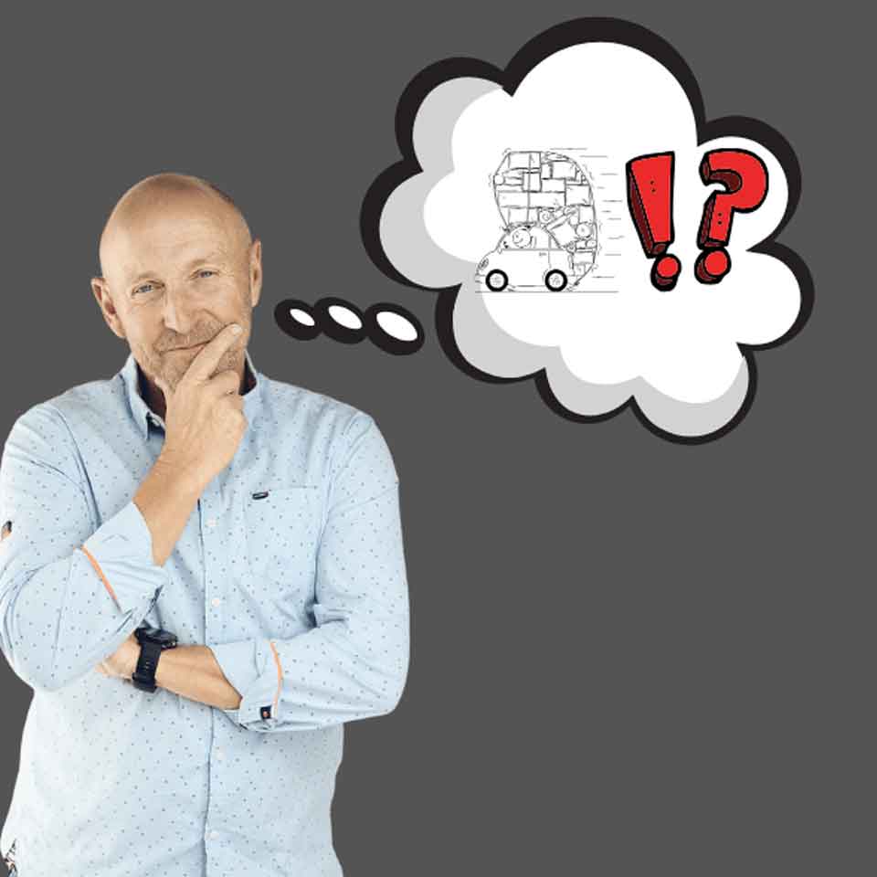 A bald man in a light blue shirt stands thinking, with a hand on his chin. A thought bubble above him shows a sketched car, red exclamation and question marks, and symbols of confusion.