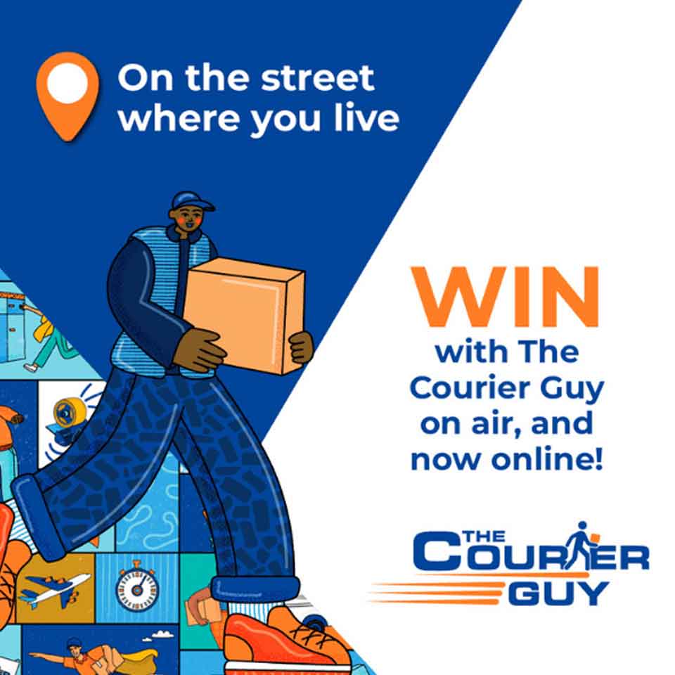 Illustration of a courier in blue clothing and orange shoes carrying a box. Text reads: On the street where you live. WIN with The Courier Guy on air, and now online! THE COURIER GUY with logo and map pin icon.