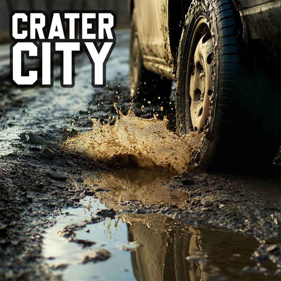 A muddy car tire splashes through a large puddle on a rough, potholed road. The bold words CRATER CITY appear in the upper left corner.