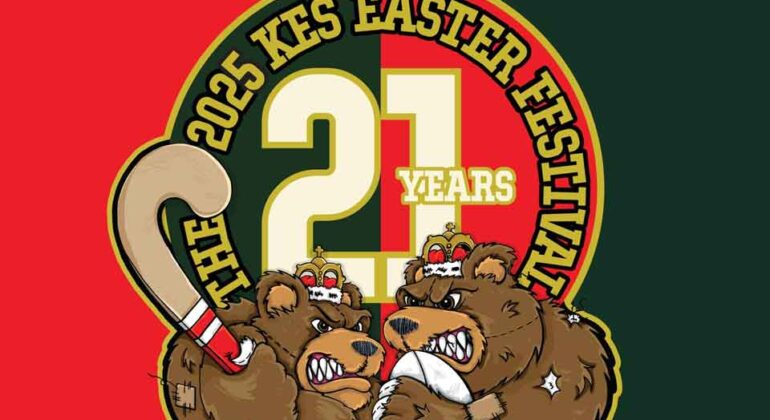 Logo for The 2025 KES Easter Festival: 21 Years featuring two fierce bears with crowns, a hockey stick, and the text Share the Spirit! on a split red and green background.