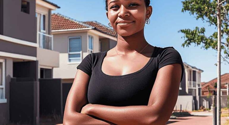 A young woman with braided hair, wearing a black t-shirt, stands confidently with arms crossed on a suburban street lined with modern houses and a tree under a clear blue sky.