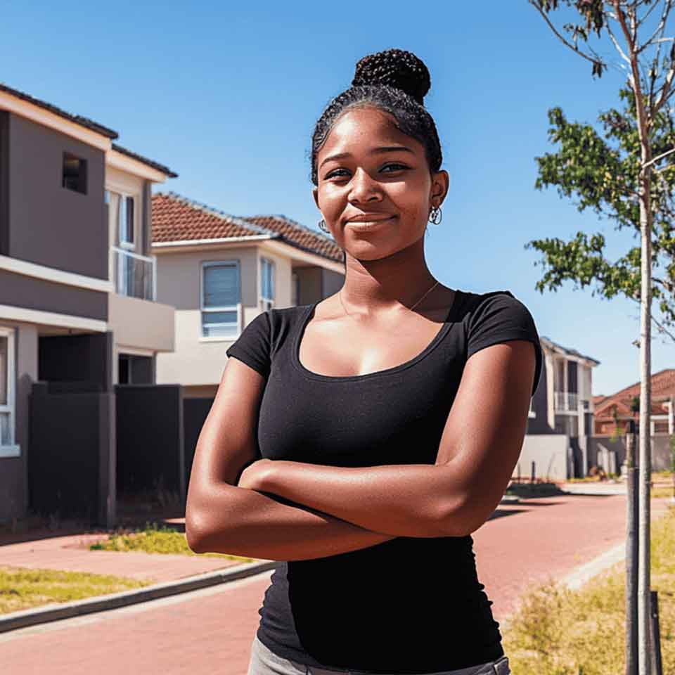 A young woman with braided hair, wearing a black t-shirt, stands confidently with arms crossed on a suburban street lined with modern houses and a tree under a clear blue sky.