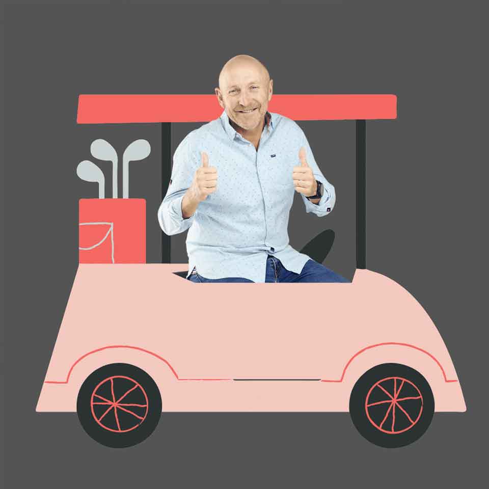 A smiling bald man in a light blue shirt gives two thumbs up while sitting in a pink cartoon-style golf cart with golf clubs in the back, on a plain gray background.
