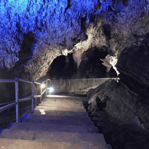 Concrete steps descend into the dimly lit Sterkfontein Caves, with rough, textured walls illuminated by blue light. A metal railing lines the steps, guiding visitors toward a darker cavern in the background.