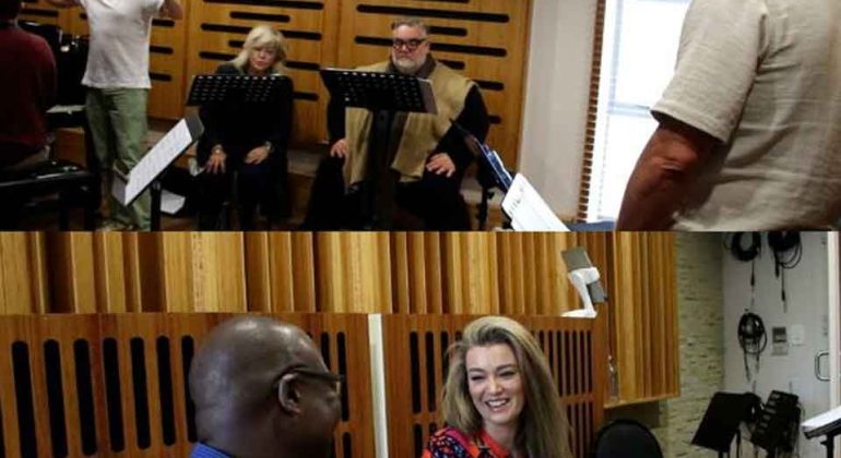 Two images: Top shows a group in a music studio, with a person conducting and three seated musicians, as another person stands nearby. Bottom shows a man and a woman sitting and smiling in a different part of the studio.