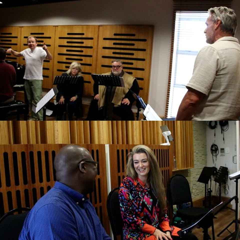 Two images: Top shows a group in a music studio, with a person conducting and three seated musicians, as another person stands nearby. Bottom shows a man and a woman sitting and smiling in a different part of the studio.