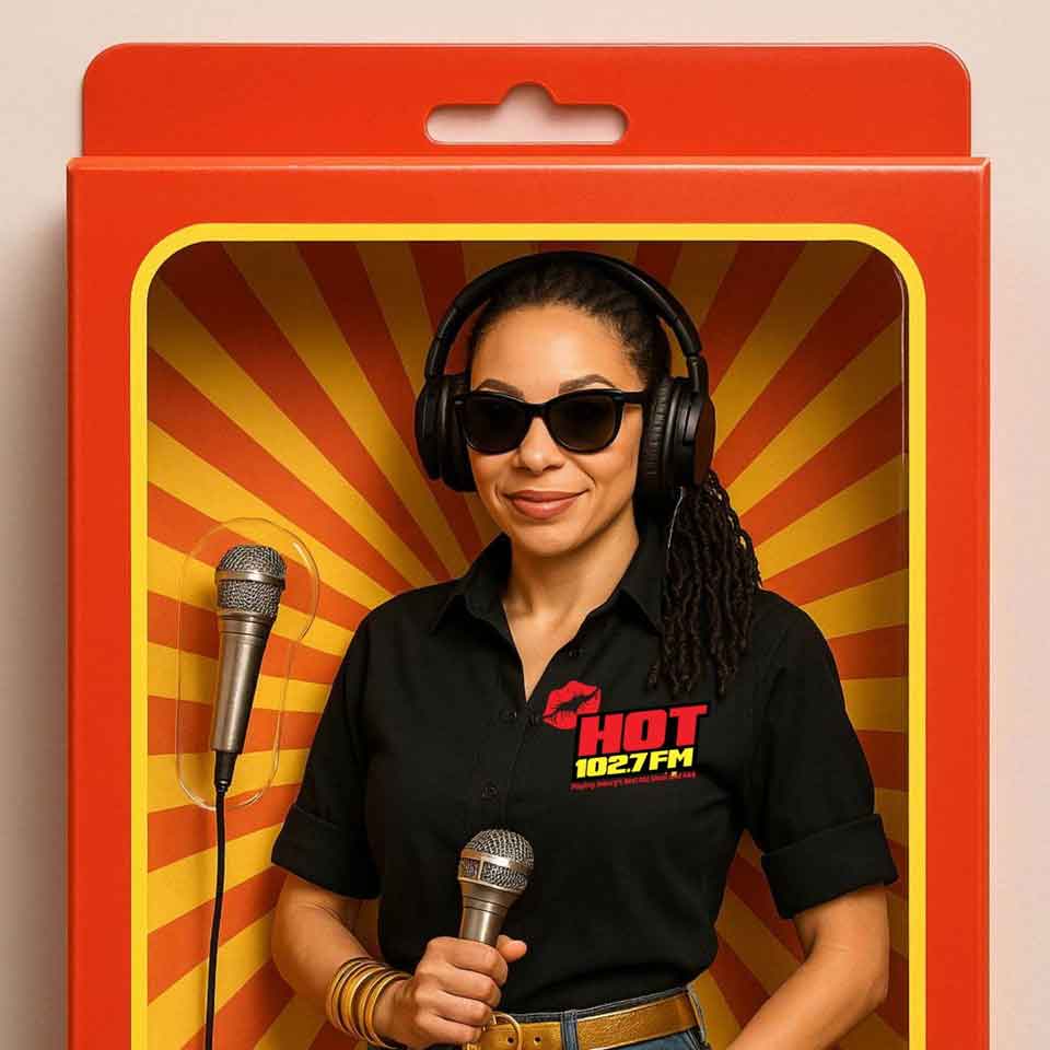 A woman wearing sunglasses, headphones, and a black HOT 102.7 FM shirt stands holding microphones inside a display box with a red and yellow sunburst background, resembling an action figure package.
