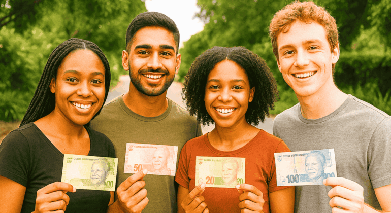 Four smiling Gen Zs stand outdoors, each holding a South African rand banknote—10, 20, 50, and 100 rand—in their hands. Green trees line the background.