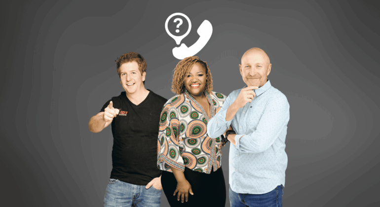 Three smiling people stand together in front of a gray background. Above them is a white graphic of a phone with a question mark inside it. One person is pointing, another stands with hands clasped, and another touches his chin.