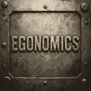 The word EGONOMICS is embossed in bold, metallic letters on a textured, industrial metal plate with bolts in each corner, standing strong against fleeting fads.