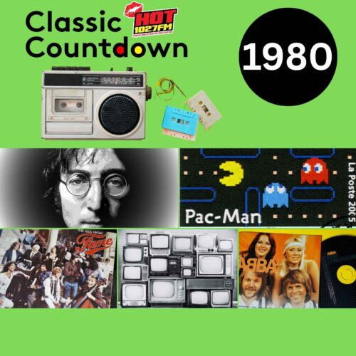 A collage featuring a vintage radio, cassette tapes, John Lennon, Pac-Man, Fame movie poster, old TV sets, ABBA album, and a vinyl record highlights “Classic Countdown 1980,” the Hot 102.7 FM logo, and hints at global shifts on a green background.
