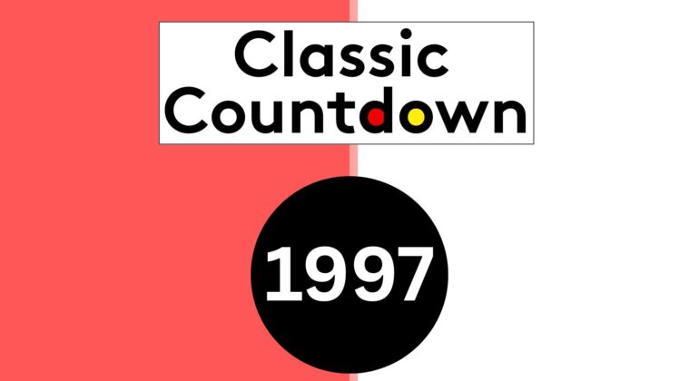 A graphic with a red and white split background, text reads Classic Countdown with colored “o” letters, and a large black circle below contains the number 1997 in white, subtly hinting at planetary shifts in pop culture.