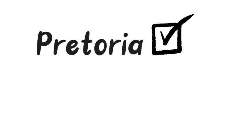 The word Pretoria is written in a handwritten font, followed by a bold check mark inside a square box, all on a white background.