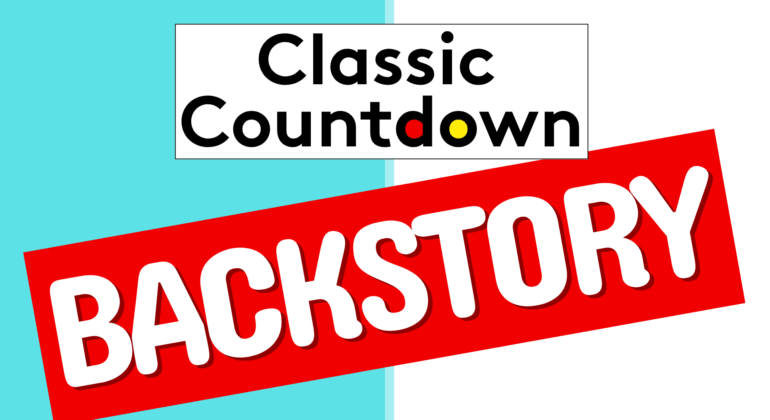 Logo with text Classic Countdown above a bold red banner reading BACKSTORY on a split light blue and white background, evoking the energy of legends like Freddie Mercury.