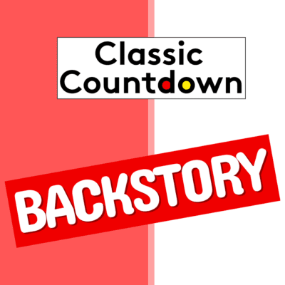 A graphic with Classic Countdown in black text on a white rectangle, and BACKSTORY in bold white letters on a red rectangle, with a pink and white split background.