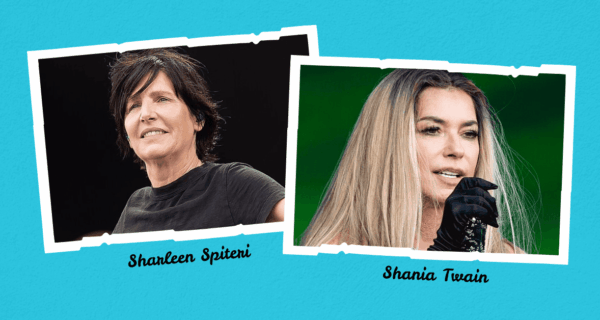 Two labeled photos on a blue background: on the left, Sharleen Spiteri with short dark hair and a black shirt; on the right, Shania Twain with long blonde hair holding a microphone, channeling classic stage presence like Freddie Mercury.