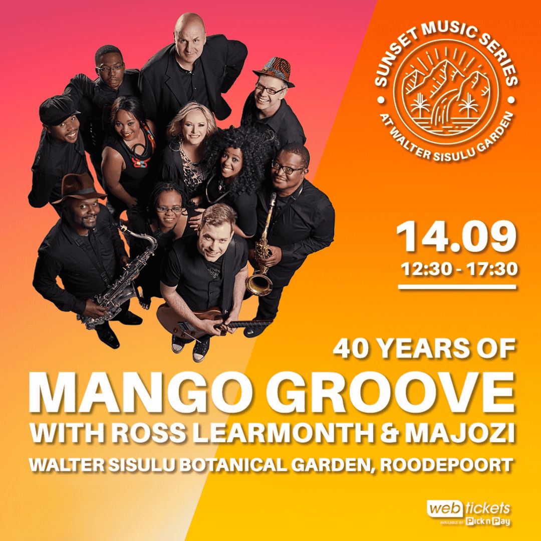 A promotional poster for the Sunset Music Series features Mango Groove and special guests. Event details: 14 September, 12:30–17:30, Walter Sisulu Botanical Garden, Roodepoort. Ten musicians are shown smiling against a bold Vinegar-toned backdrop.