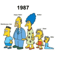 A cartoon family lineup labeled “1987”; from left to right: a spiky-haired mischievous son clutching mixtapes, an angry father in a suit, a mother with tall blue hair, a sister in a red dress, and a baby in blue.