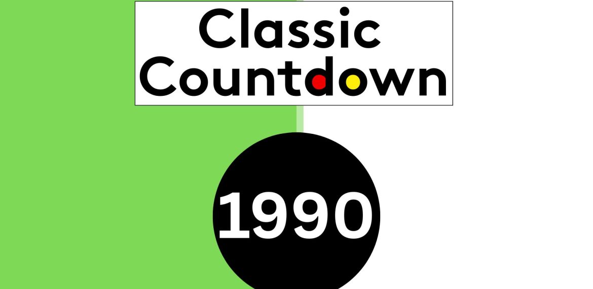 A Classic Countdown graphic features a green and white split background, bold black text reading Classic Countdown, and a large black circle with 1990 in white. The "o" in Countdown stands out in yellow and red.
