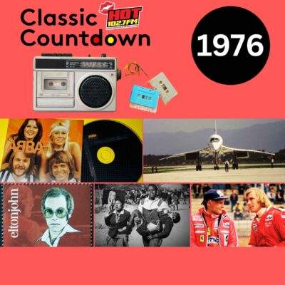 A collage with the text Classic Countdown 1976 and images of a radio, mixtapes, ABBA, Concorde plane, Elton John album, Olympic athletes, and two Formula 1 drivers talking.