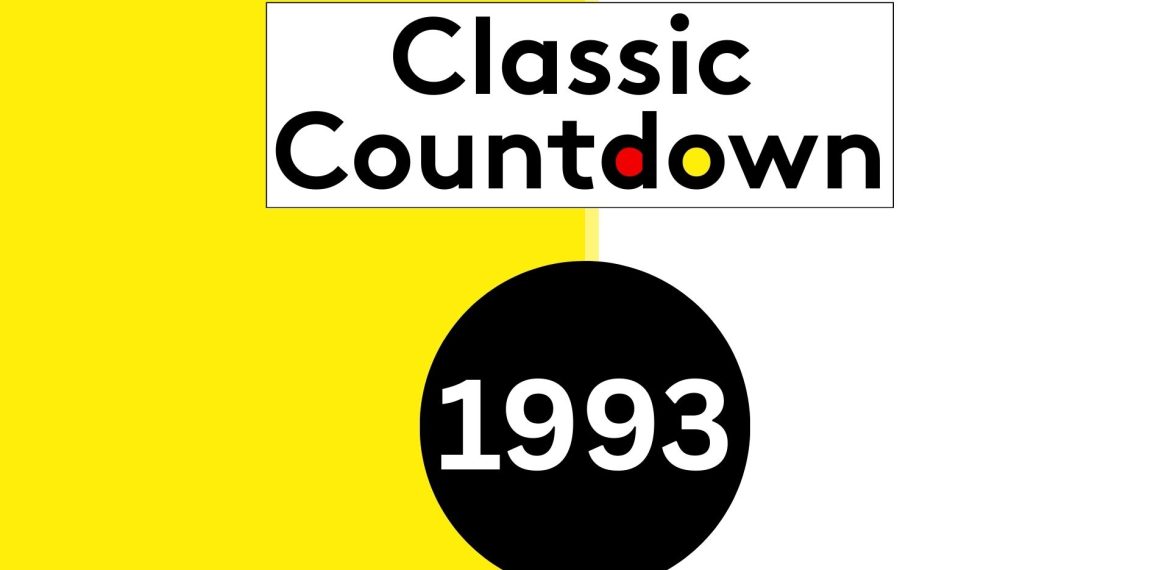 A split yellow and white background with Classic Countdown written above a black circle featuring 1993. The word Countdown, from the Classic Countdown series, has its o, u, n letters in red, yellow, and black.